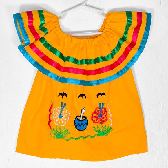 Yellow Nicaragua Traditional Embroidered Ribbon Dress & Skirt Set Girls 8 - Picture 2 of 8